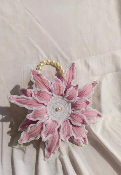 Elegant Pink Floral Handcrafted Pearl Handle Bag