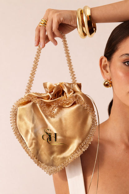 Golden Satin Heart Potli Bag with Crystal Beaded Handle