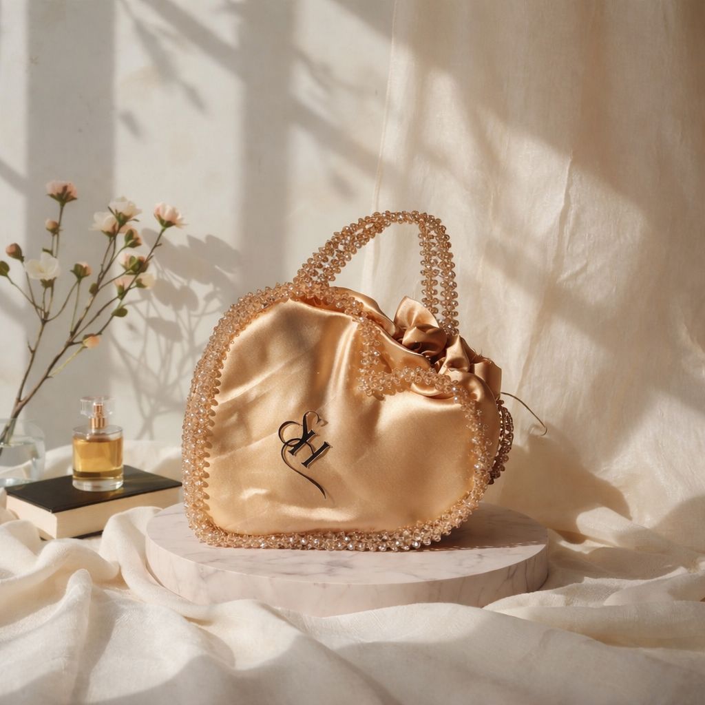 Golden Satin Heart Potli Bag with Crystal Beaded Handle