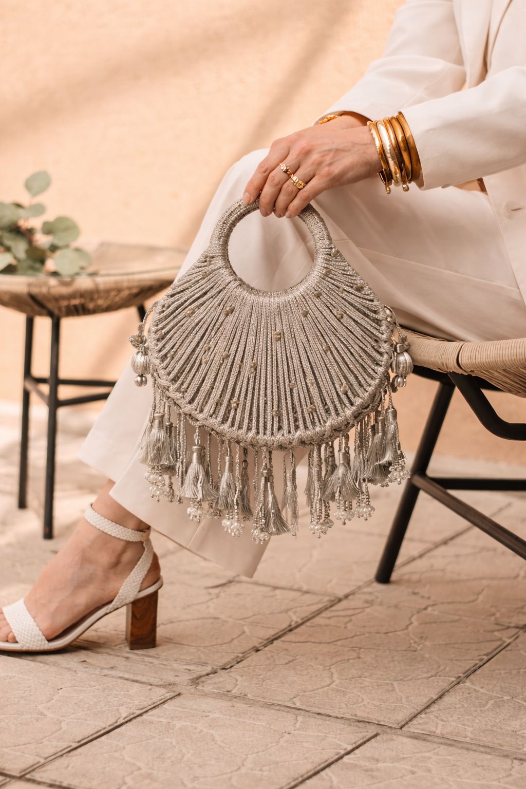 Silver Handwoven Tassel Statement Bag with Circular Handle