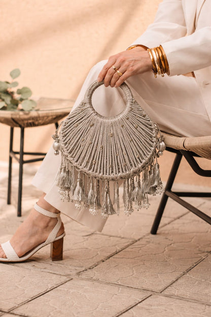 Silver Handwoven Tassel Statement Bag with Circular Handle