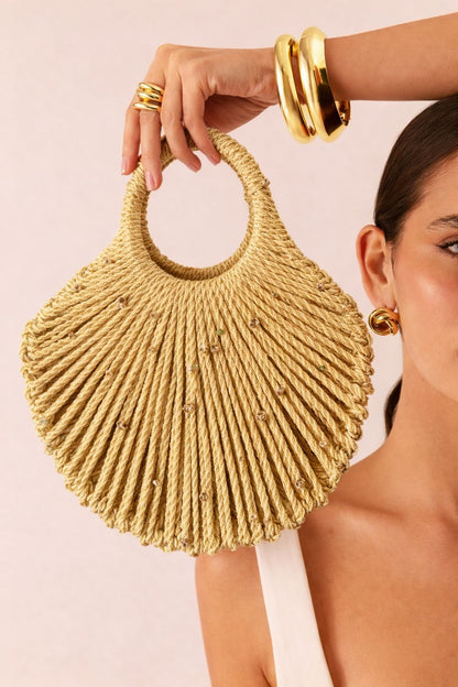 Golden Handwoven Circular Handle Statement Bag