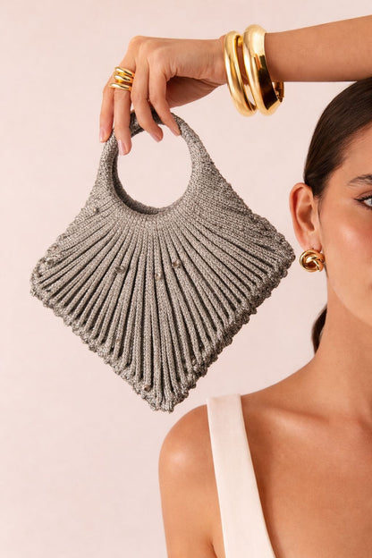 Handwoven Metallic Grey Mini Handbag with Circular Handle