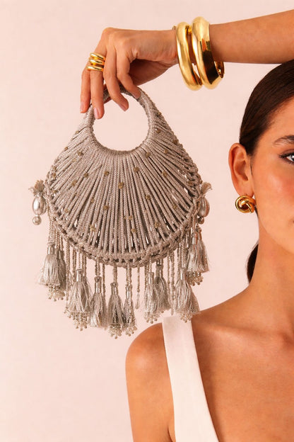 Silver Handwoven Tassel Statement Bag with Circular Handle