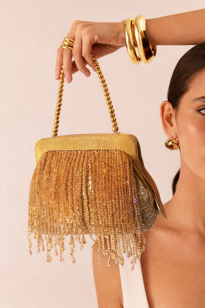 Golden Crystal Fringe Party Clutch Bag