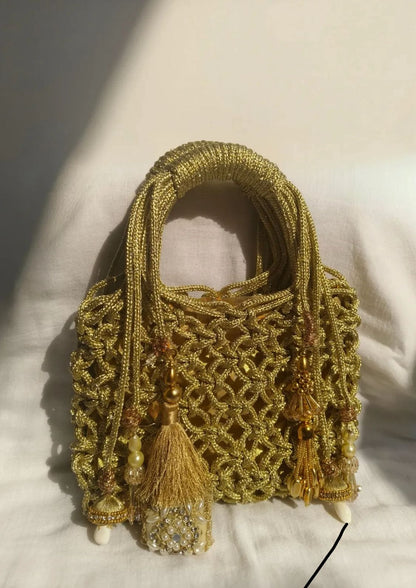 Golden Handwoven Tassel Mini Potli Bag