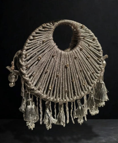 Silver Handwoven Tassel Statement Bag with Circular Handle