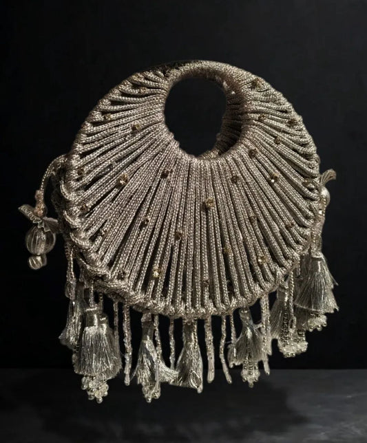 Silver Handwoven Tassel Statement Bag with Circular Handle