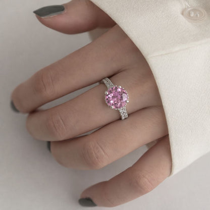 Elegant Pink Sapphire Halo Ring – Luxury Silver Diamond Engagement Ring