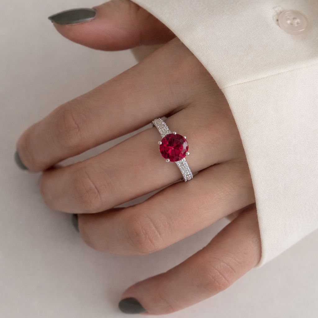 Luxury Ruby Red Gemstone Ring – Elegant Silver Diamond Halo Engagement Ring