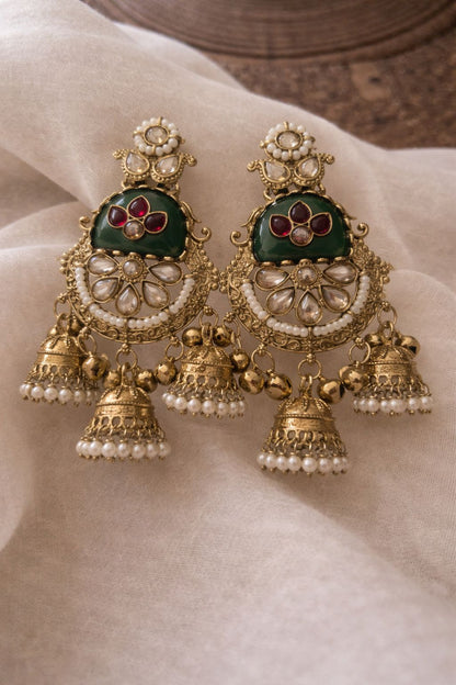 Royal Kashmere Kundan Pearl Jhumka Earrings – Traditional Green & Ruby Designer Danglers