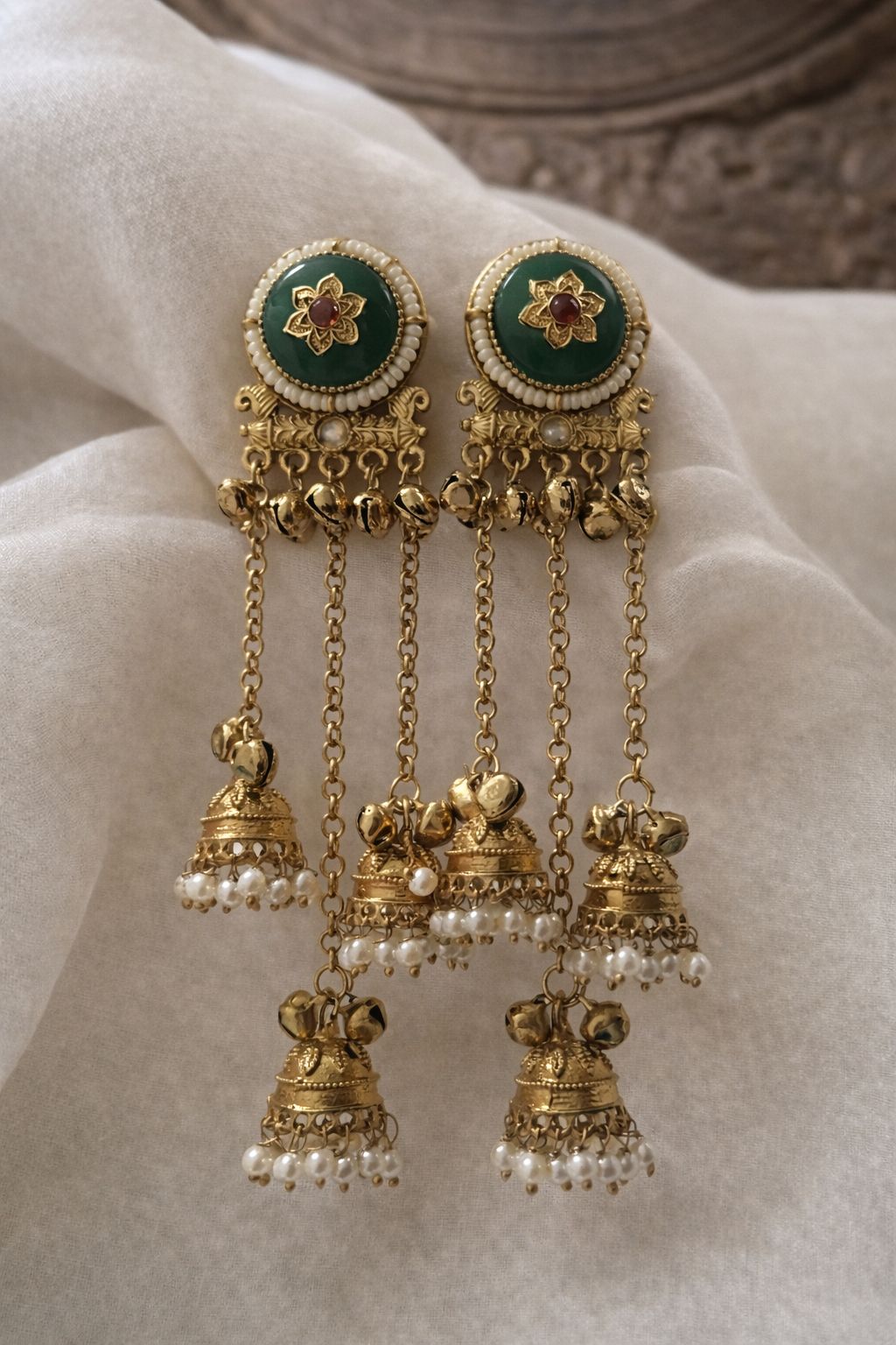 Royal Kashmere Long Chain Jhumka Earrings – Green Stone Pearl Traditional Danglers