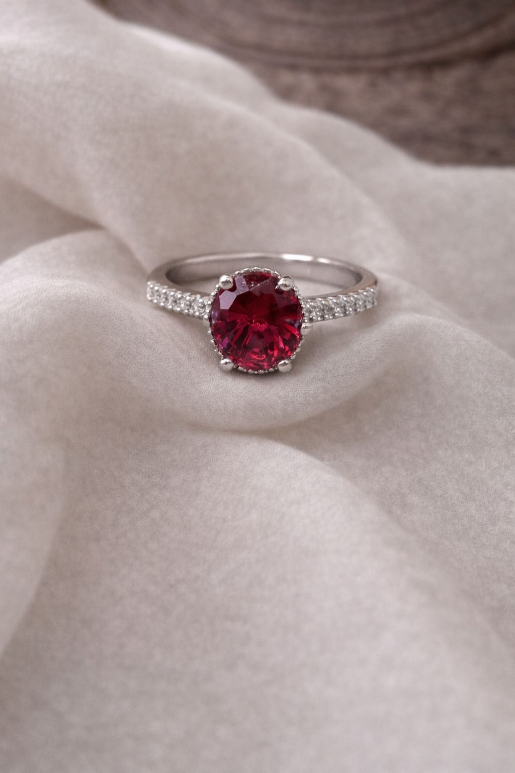 Luxury Ruby Red Gemstone Ring – Elegant Silver Diamond Halo Engagement Ring