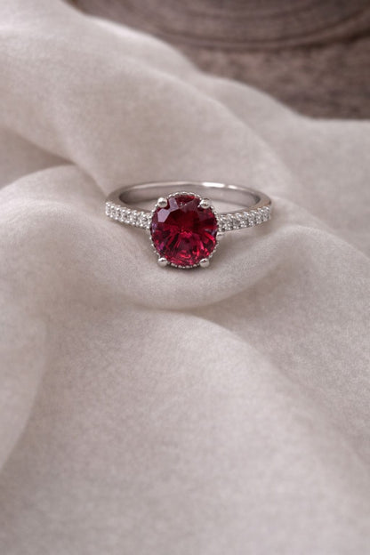 Luxury Ruby Red Gemstone Ring – Elegant Silver Diamond Halo Engagement Ring