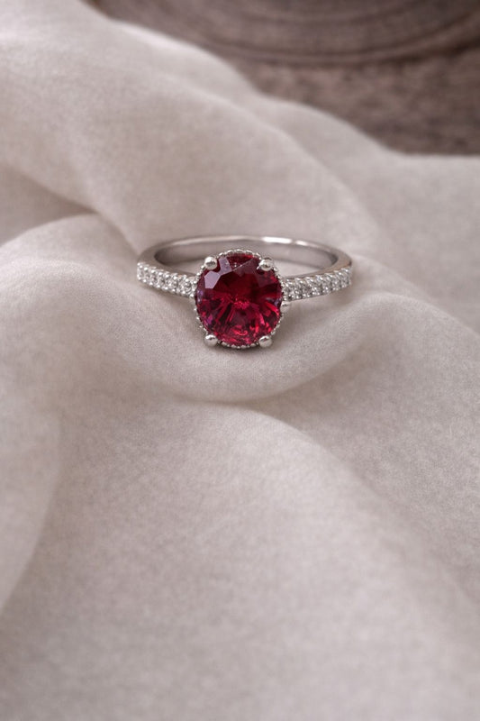 Luxury Ruby Red Gemstone Ring – Elegant Silver Diamond Halo Engagement Ring