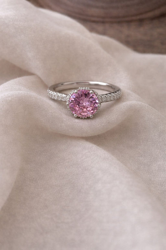 Elegant Pink Sapphire Halo Ring – Luxury Silver Diamond Engagement Ring