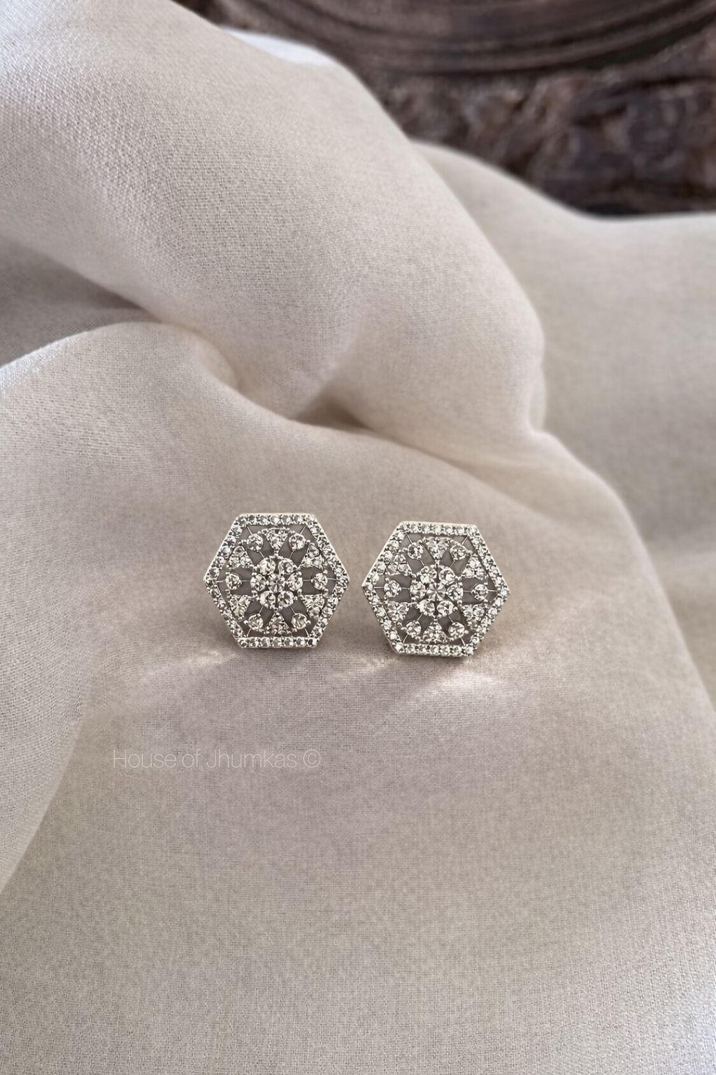 Elegant Hexagon Crystal Stud Earrings – Silver Designer Geometric Zircon Studs