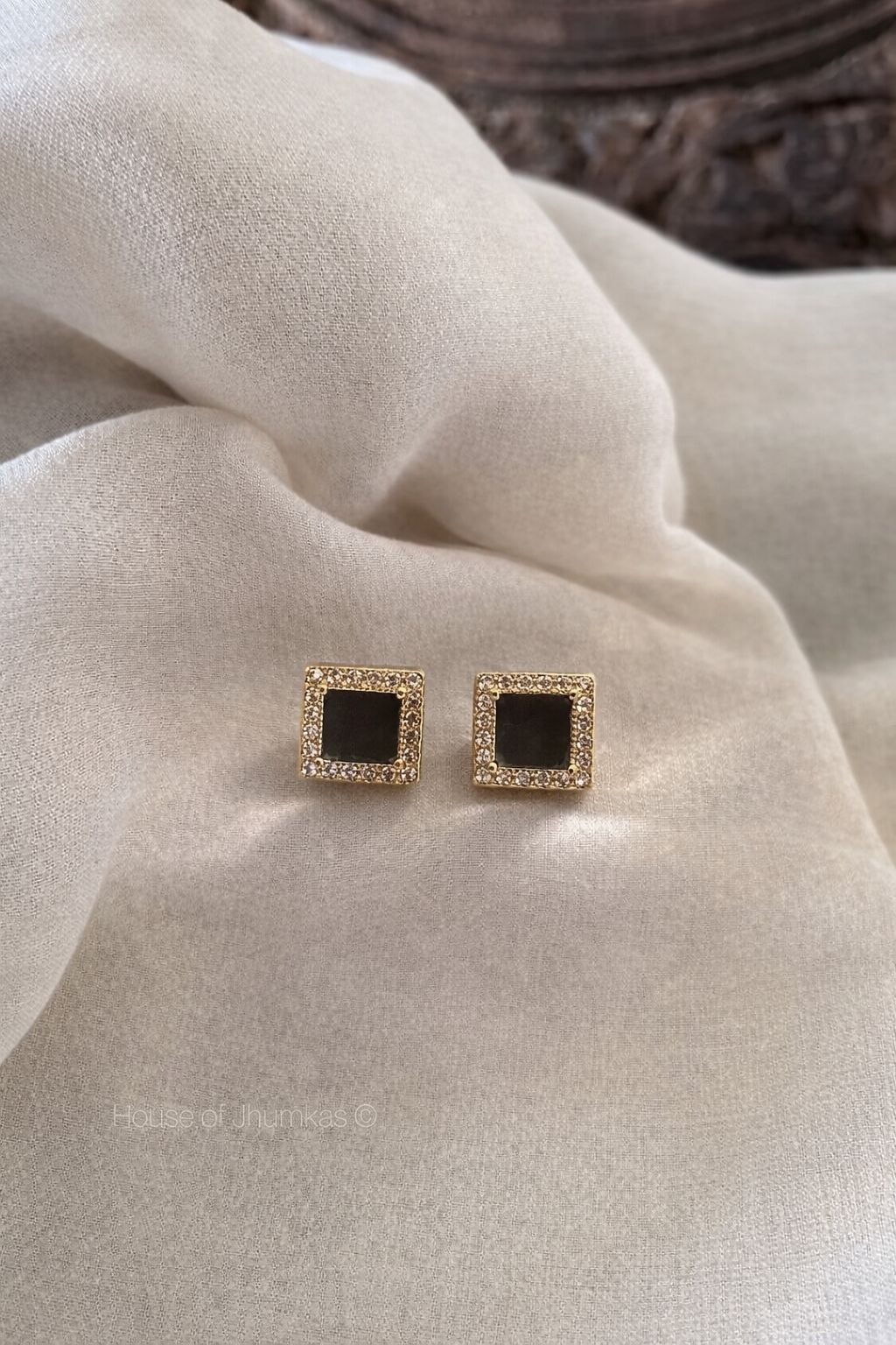 Elegant Black Stone Square Stud Earrings – Gold Plated Crystal Border Designer Studs