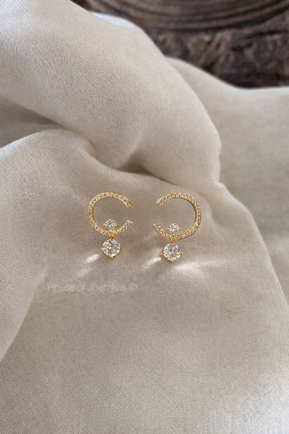 Elegant Gold Crescent Drop Earrings – Crystal Designer Minimal Danglers