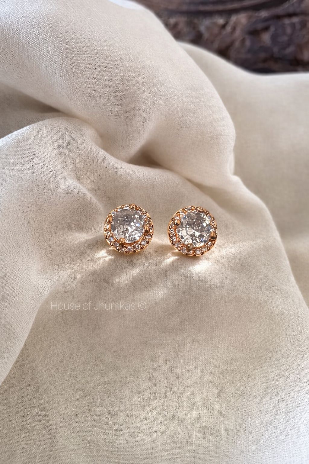Elegant Crystal Stud Earrings – Gold Plated Round Zircon Minimal Designer Studs
