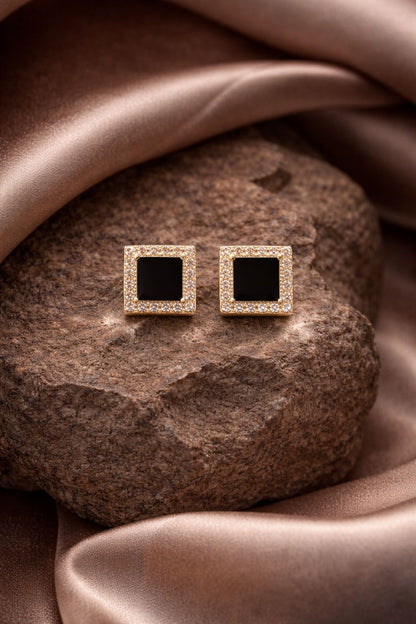 Elegant Black Stone Square Stud Earrings – Gold Plated Crystal Border Designer Studs