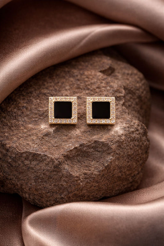 Elegant Black Stone Square Stud Earrings – Gold Plated Crystal Border Designer Studs