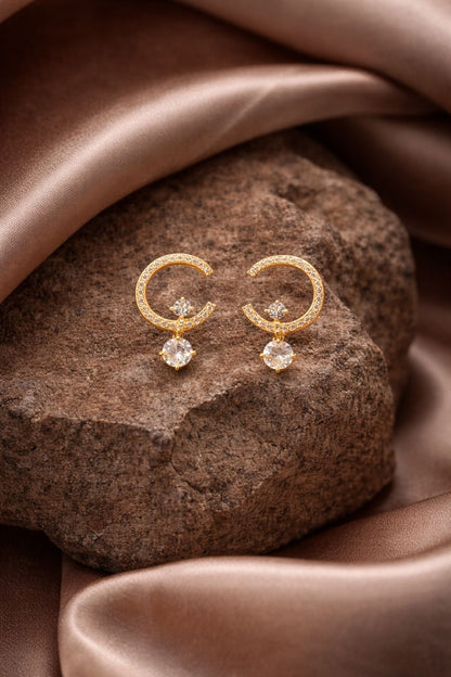 Elegant Gold Crescent Drop Earrings – Crystal Designer Minimal Danglers
