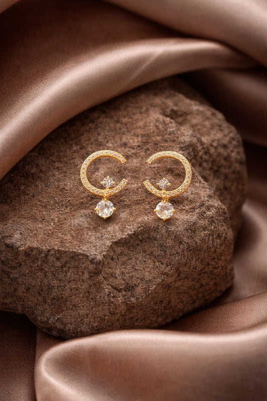 Elegant Gold Crescent Drop Earrings – Crystal Designer Minimal Danglers