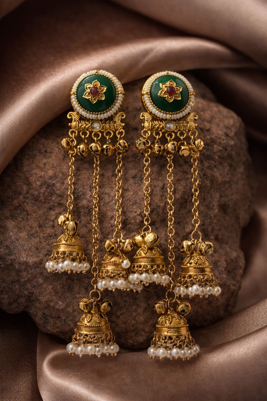 Royal Kashmere Long Chain Jhumka Earrings – Green Stone Pearl Traditional Danglers