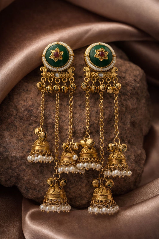 Royal Kashmere Long Chain Jhumka Earrings – Green Stone Pearl Traditional Danglers