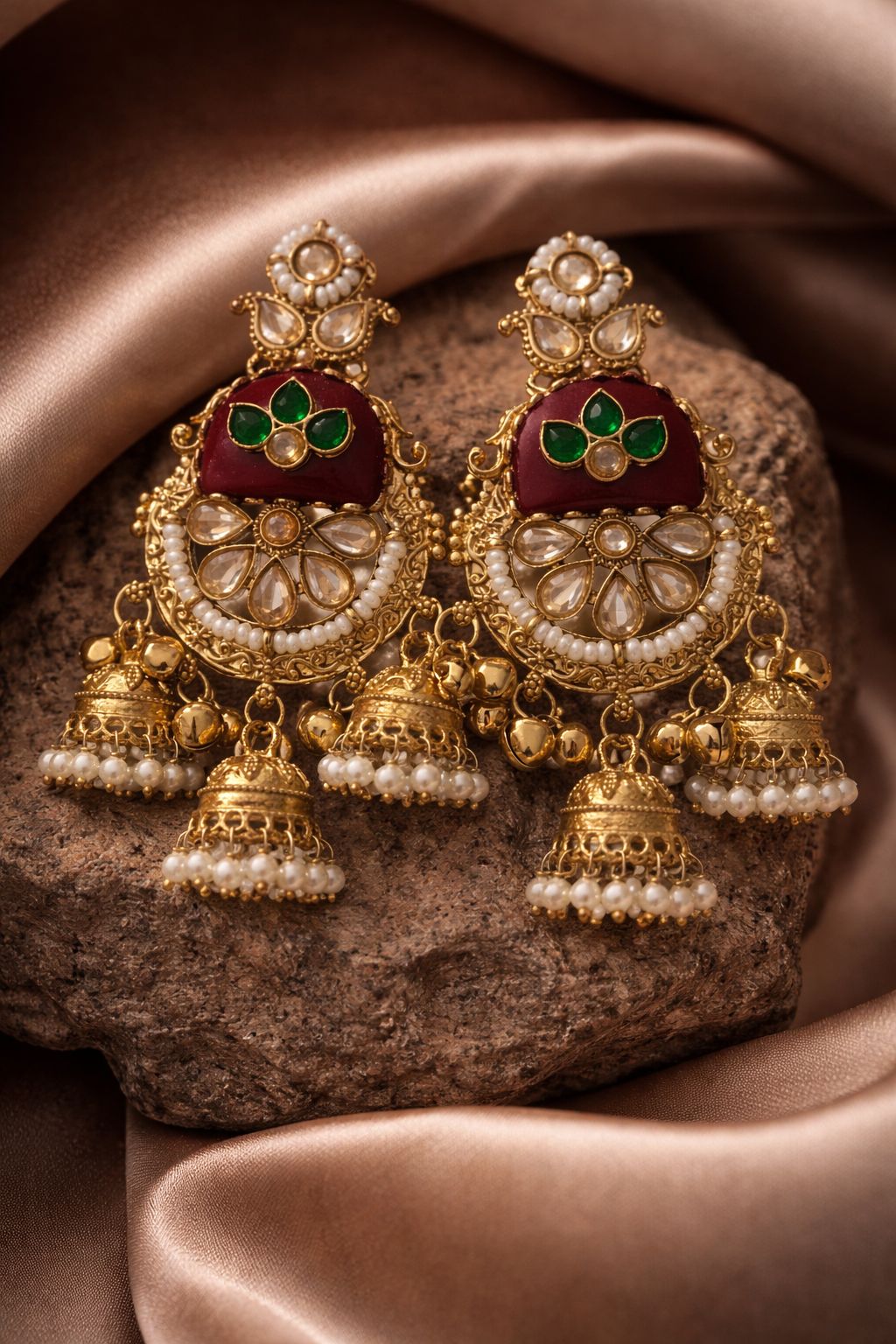 Royal Kashmere Kundan Pearl Jhumka Earrings – Maroon & Green Traditional Designer Danglers