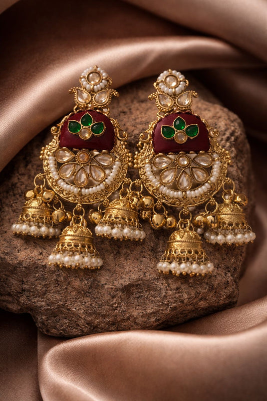 Royal Kashmere Kundan Pearl Jhumka Earrings – Maroon & Green Traditional Designer Danglers