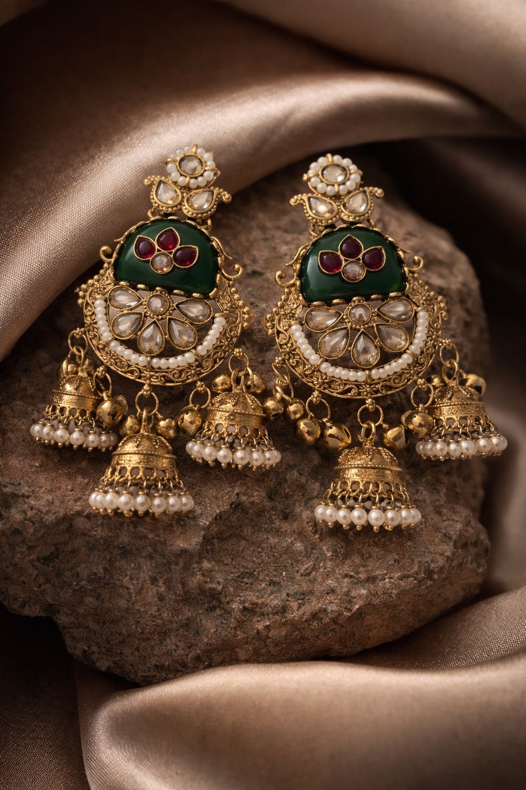 Royal Kashmere Kundan Pearl Jhumka Earrings – Traditional Green & Ruby Designer Danglers