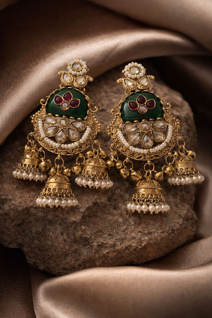 Royal Kashmere Kundan Pearl Jhumka Earrings – Traditional Green & Ruby Designer Danglers