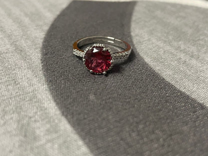 Luxury Ruby Red Gemstone Ring – Elegant Silver Diamond Halo Engagement Ring