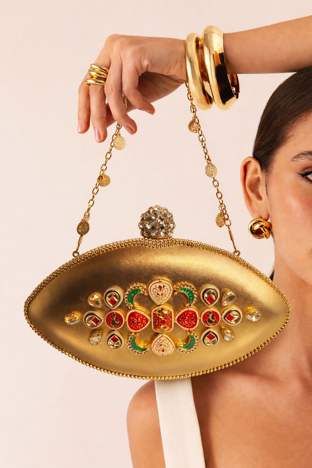 Royal Oval Gold Embellished Designer Clutch