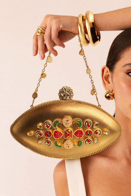 Royal Oval Gold Embellished Designer Clutch