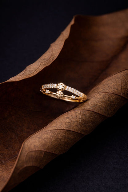 Delicate Gold Floral Diamond Ring with Split Band & Pavé Accents