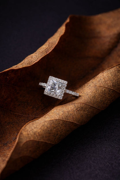 Elegant Princess-Cut Diamond Halo Ring with Pavé Band
