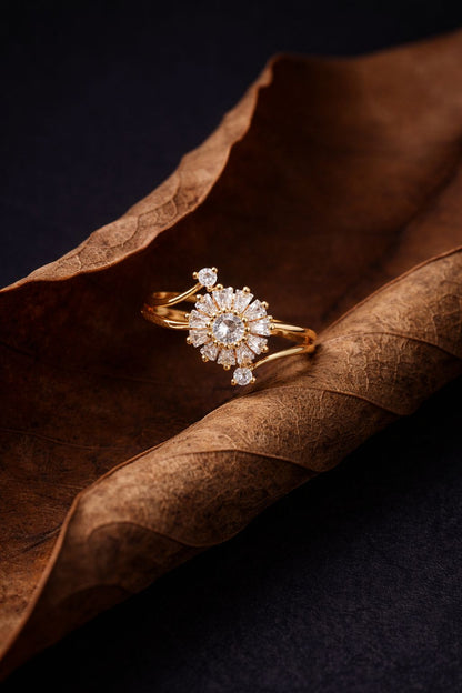 Floral Burst Gold Diamond Ring with Cluster Center & Split Band Design