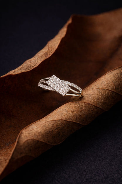 Elegant White Gold Diamond Cluster Ring with Triple-Stone Design & Split Band