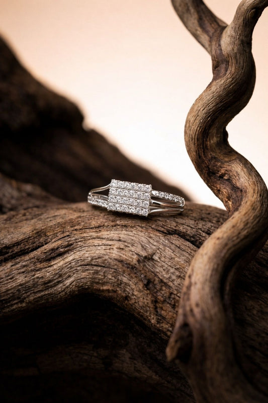 Elegant White Gold Diamond Cluster Ring with Triple-Stone Design & Split Band