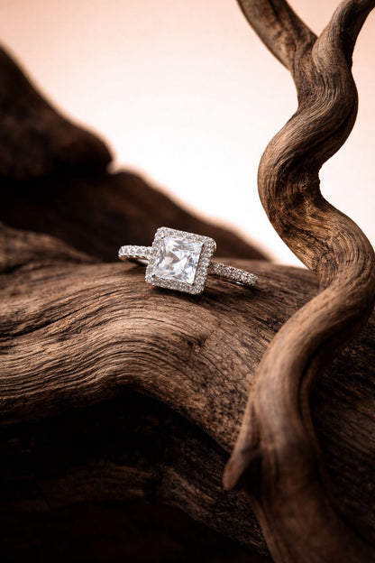Elegant Princess-Cut Diamond Halo Ring with Pavé Band