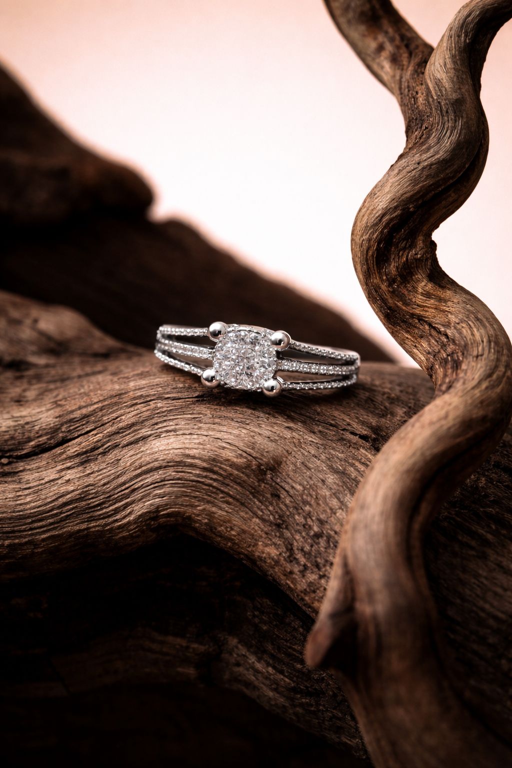 Elegant White Gold Diamond Cluster Ring with Split Pavé Band
