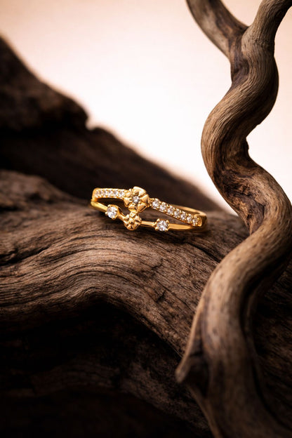 Delicate Gold Floral Diamond Ring with Split Band & Pavé Accents