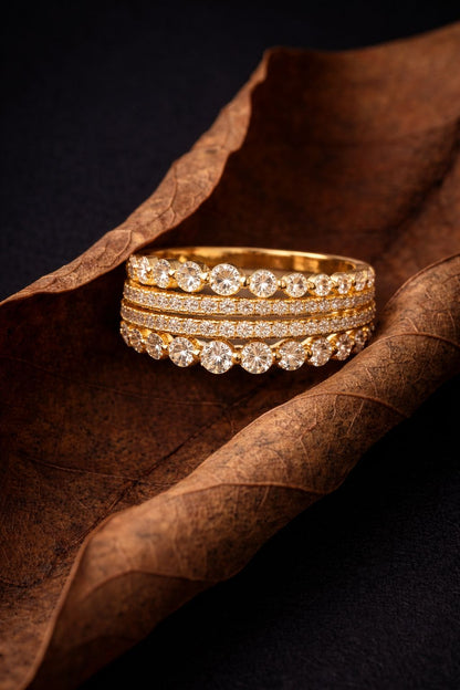 Elegant Gold Diamond Stackable Ring Set with Pavé Bands & Round-Cut Stones