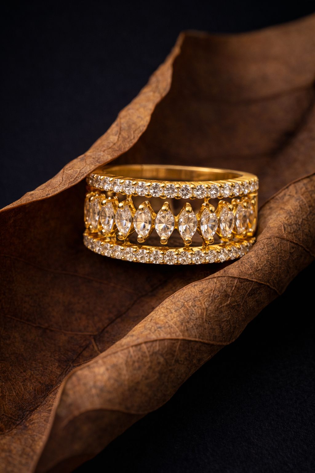 Luxury Gold Diamond Eternity Band with Marquise-Cut Stones & Pavé Detailing