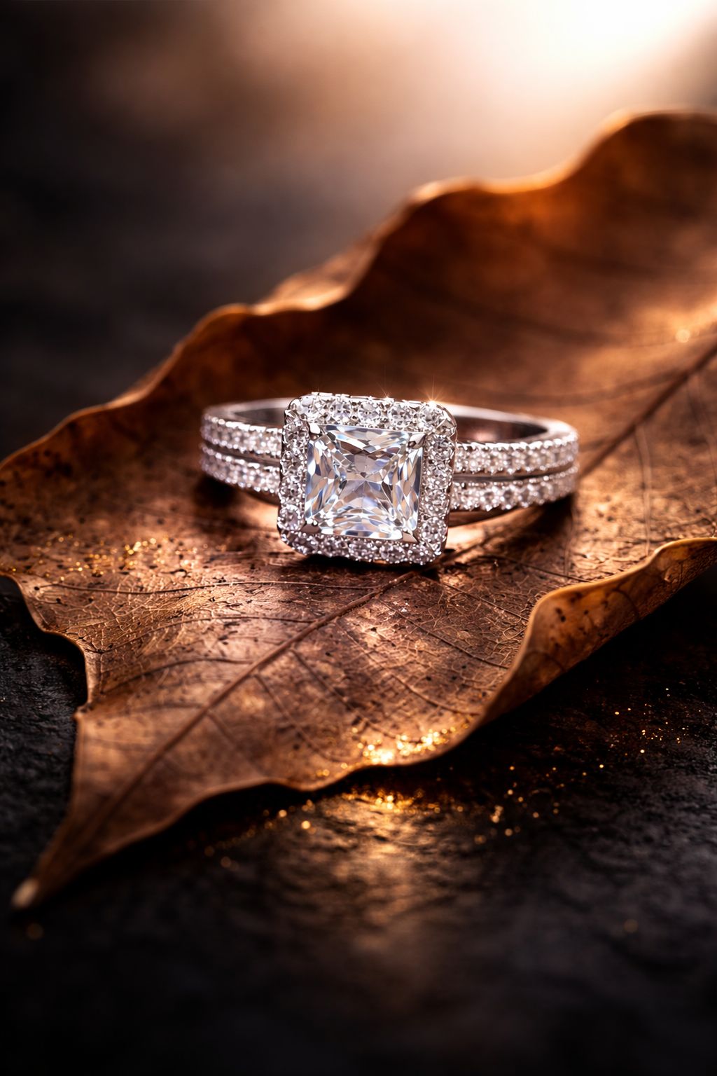 Elegant Princess-Cut Diamond Halo Engagement Ring with Double Pavé Band