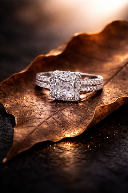 Elegant Princess-Cut Diamond Halo Engagement Ring with Double Pavé Band