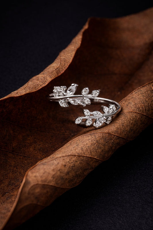 Elegant Silver Leaf Wrap Ring with Crystal Accents